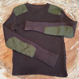 MILITARY COMMANDO Wooly Pully Green Wool Crewneck Sweater w/Elbow Patch, Size 44